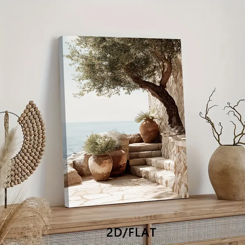 2D Flat Olive Tree Stone Steps Terracotta Pot Mediterranean Wall Art Print, Canvas Wrapped, Hook Type, Rustic Art Deco, Ideal for Living Room, Bedroom, Office, Dining Room, Coffee Shop, Holiday Gift, Outdoor Indoor, Modern Style, Solid Pattern