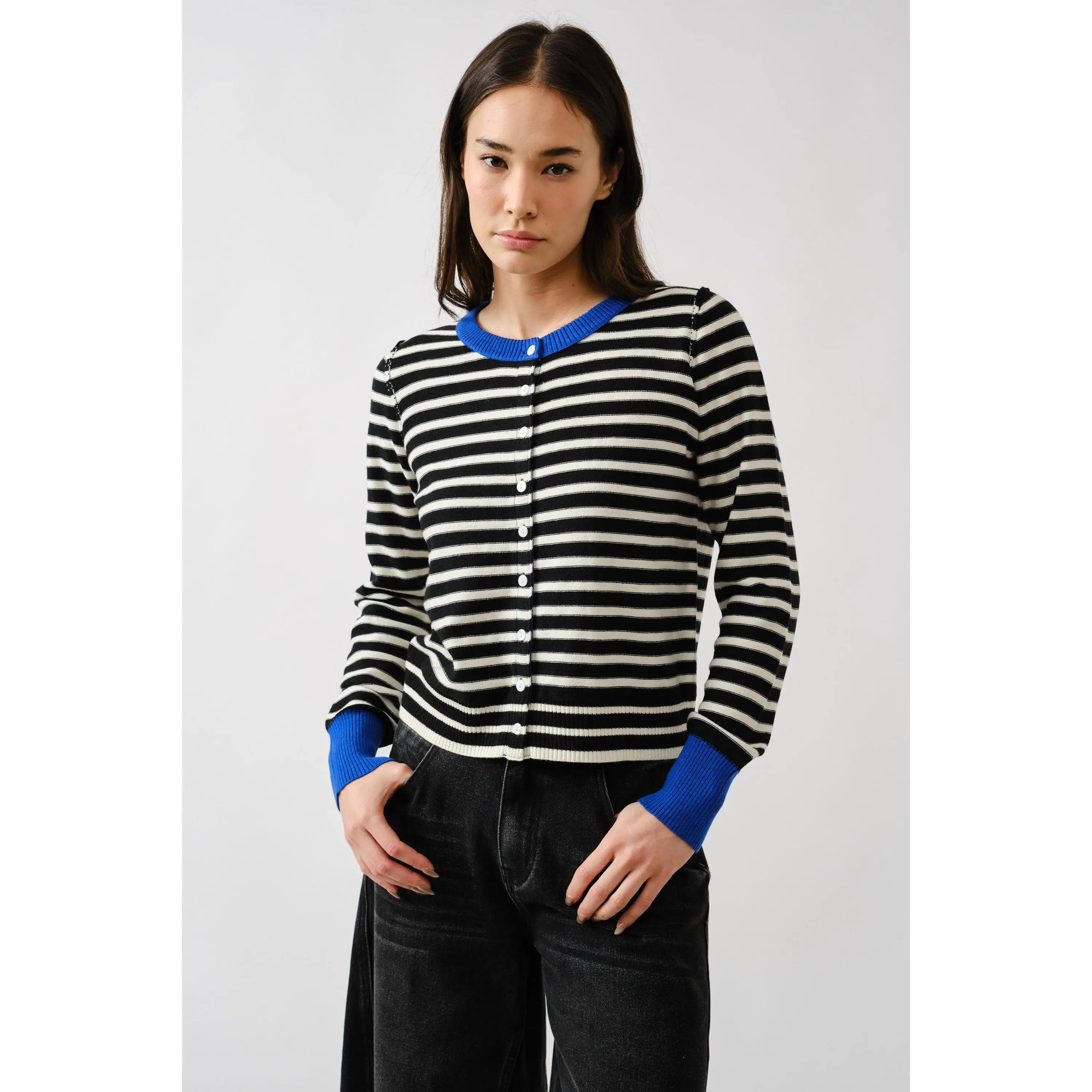 Porta Striped Button Down Cardigan Sweater - Black/Off White