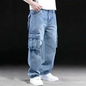 Men's Wide-leg Cargo Jeans Relaxed Fit Fashion Menswear Pants, Cargo Pants, Pocket Trouser Denim, Baggy Jeans Cargo Pocket