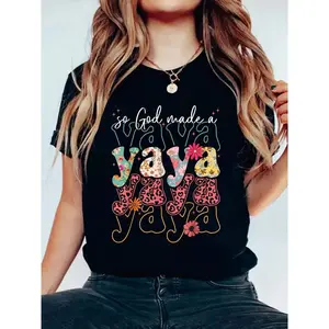 Women's Knit Cotton Round Neck Regular Fit Short Sleeve T-Shirt - "So God Made A Yaya" Floral Leopard Graphic, Happy Mothers Day Print, Soft Comfy Summer Clothes