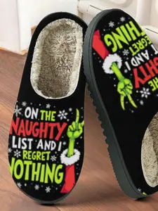 Christmas Ghost Print Cotton Slippers, Asymmetrical Design, Anti-Slip Thick Rubber Sole, Warm Home Shoes for Men & Women, Footwear, Fall & Winter