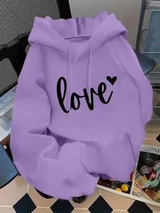 Women's Fashion Fitted Hooded Sweatshirt, Valentine's Day Love Letter Heart Print, Kangaroo Pocket, Long Sleeve, Fall & Winter Casual Wear