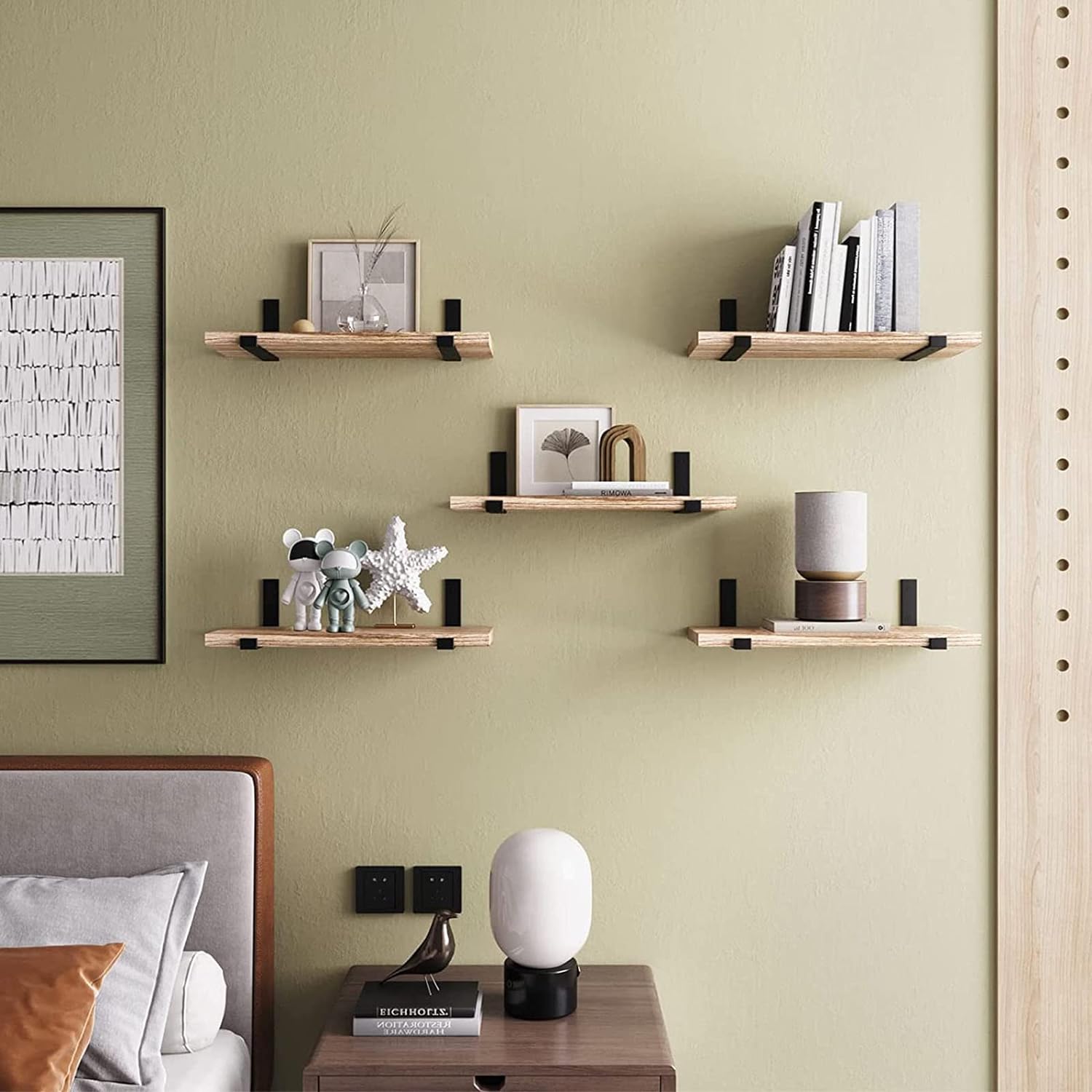 Premium Live-Edge Elm Wood Floating Shelves with Refined Edging--Crafted from rustic solid elm wood, these heavy-duty floating shelves feature invisible brackets for a seamless display