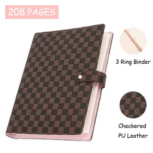 Premium PU Leather 3-Ring Binder Notebook, 208 Pages of Lined Refillable Paper, Checkered Pattern Hardcover Organizer for Professionals, Ideal for Meetings, Notes & Daily Planning