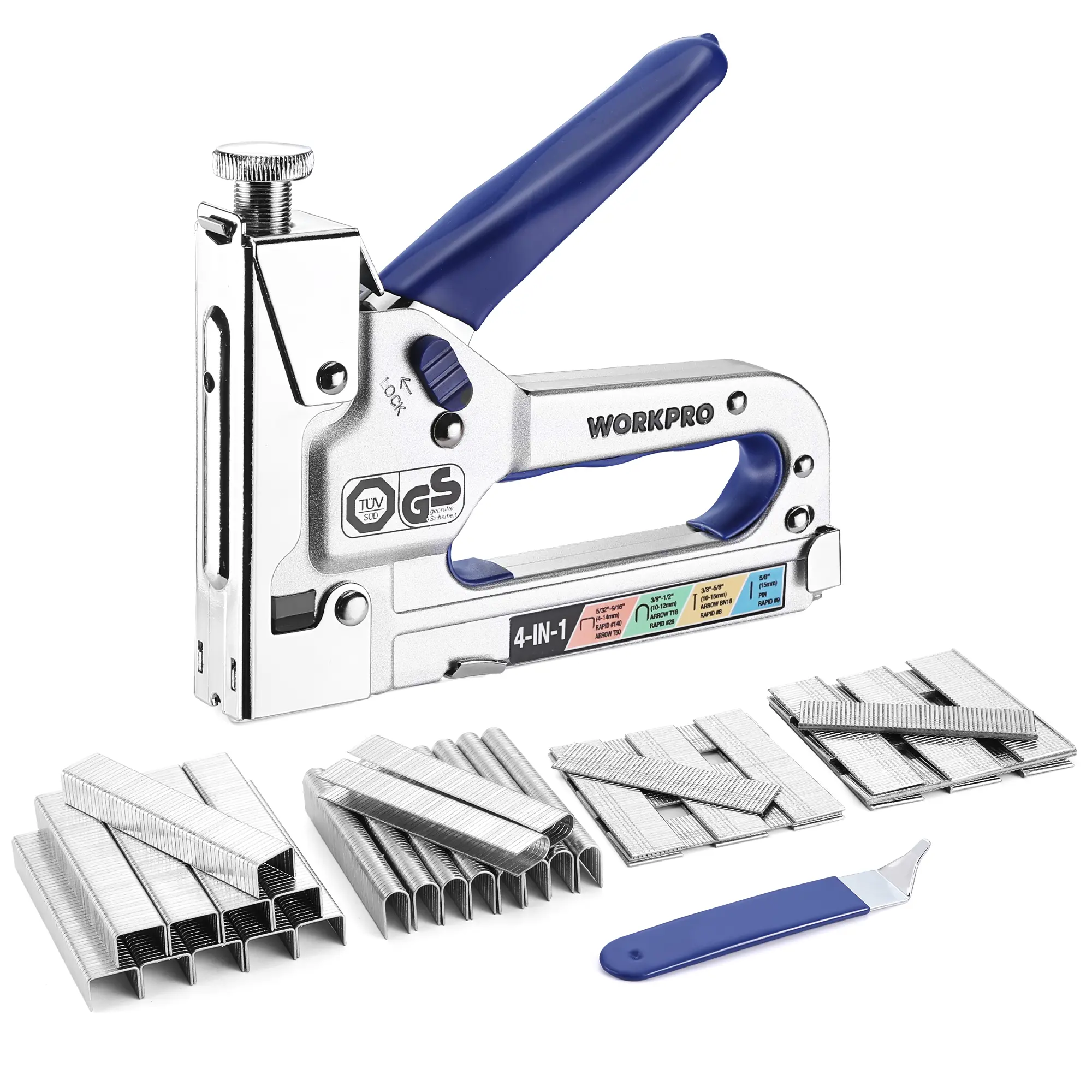 #blackfriday WORKPRO 4-in-1 Staple Gun, Manual Brad Nailer with 2000 Count of Staples, Upholstery Stapler Nail Gun for Fixing Materials, Decoration, Carpentry, Furniture, Doors and Windows