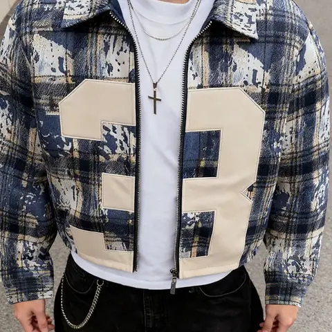Men's Blue/Yellow/White Checked Checkered Plaid Long Bomber Jacket with Oversized "3" Number Design, Long Sleeve Regular Fit Cozy Casual Top, for Urban Street Style Clothes, Casual Streetwear Jacket, Bomber Outerwear, Menswear