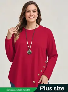 Plus Size Women's Casual Long Sleeve T-Shirt, Round Neck, Solid Color, Button Design & Asymmetrical Hem, Fall Winter New Fashion