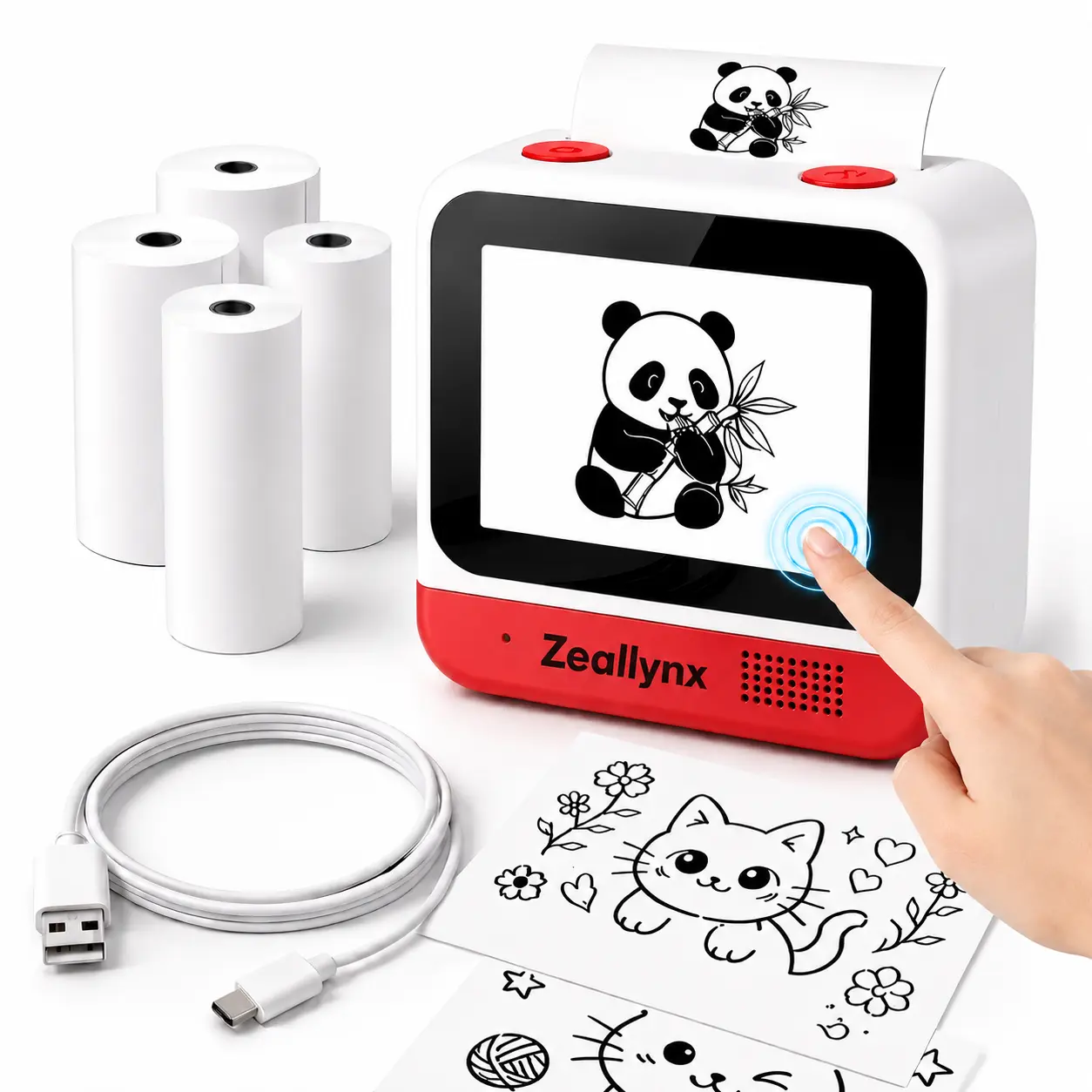 Zeallynx AI Voice Mini Thermal Picture & Label Printer, Ink-Free, Color Touch Screen, Kid-Safe Rounded ABS, 2.4G WiFi No-App Operation, TF Card, Bluetooth Music, 10 Modes, Batteries Included, for Children’s Journals & DIY Crafts