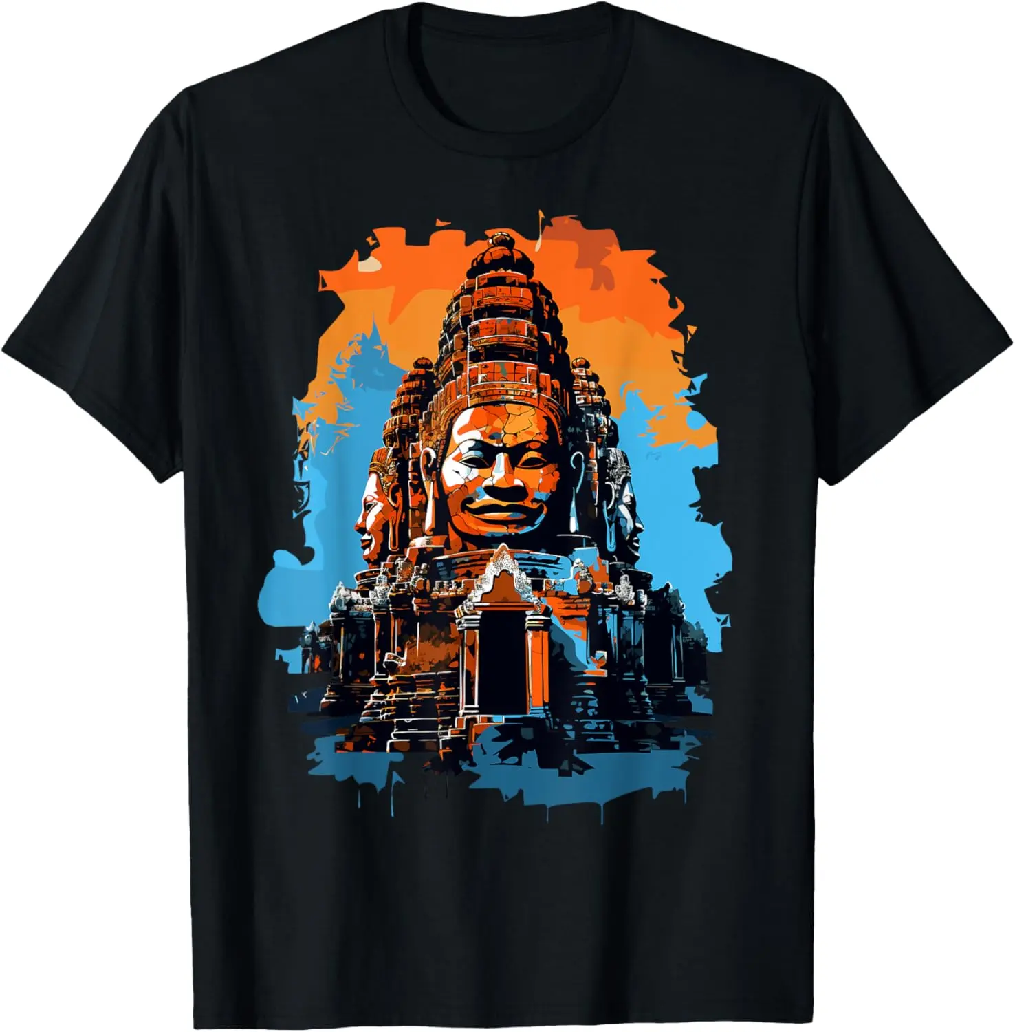 Women's Vintage Graphic T-Shirt, Distressed 100% Cotton Round Neck Streetwear with Cambodia Bayon Temple Print