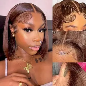 Brown Bob Wigs Human Hair Straight 13X4 HD Transparent #4 Chocolate Brown Bob Lace Front Wigs Human Hair Wear and Go Glueless Wig Pre Plucked With Baby Hair Hd Frontal Bob Wigs For Black Women Visit the Guebb Store"16inch