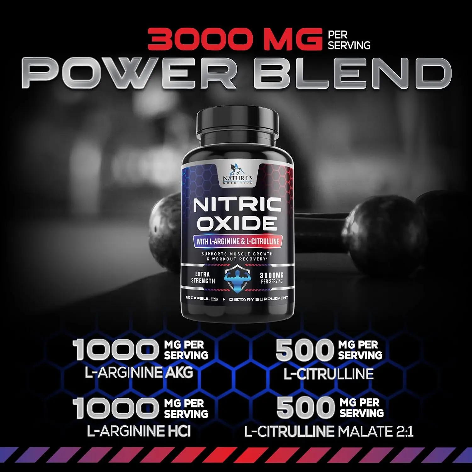 Nitric Oxide Booster Extra Strength - 3X Strength L-Arginine & Citrulline Supplement - Best Nitric Oxide Supplements for Men - Supports Muscle, Heart Health, Energy - Bottled in USA - 60 Capsules