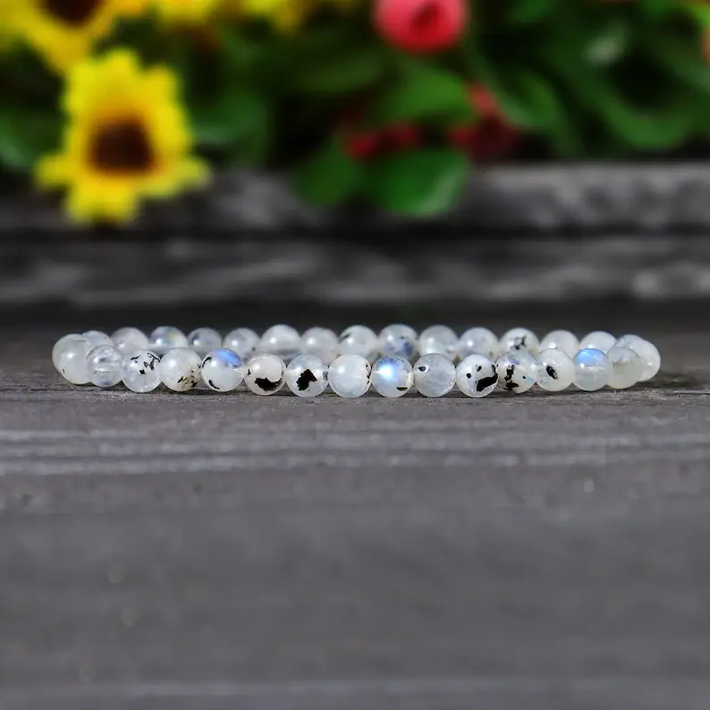 Gemstone Bracelet with 6mm Natural Rainbow Moonstone Pure Crystals, Unisex Jewelry with Stackable Beads, 7 Inch Stretch Fit, Birthday