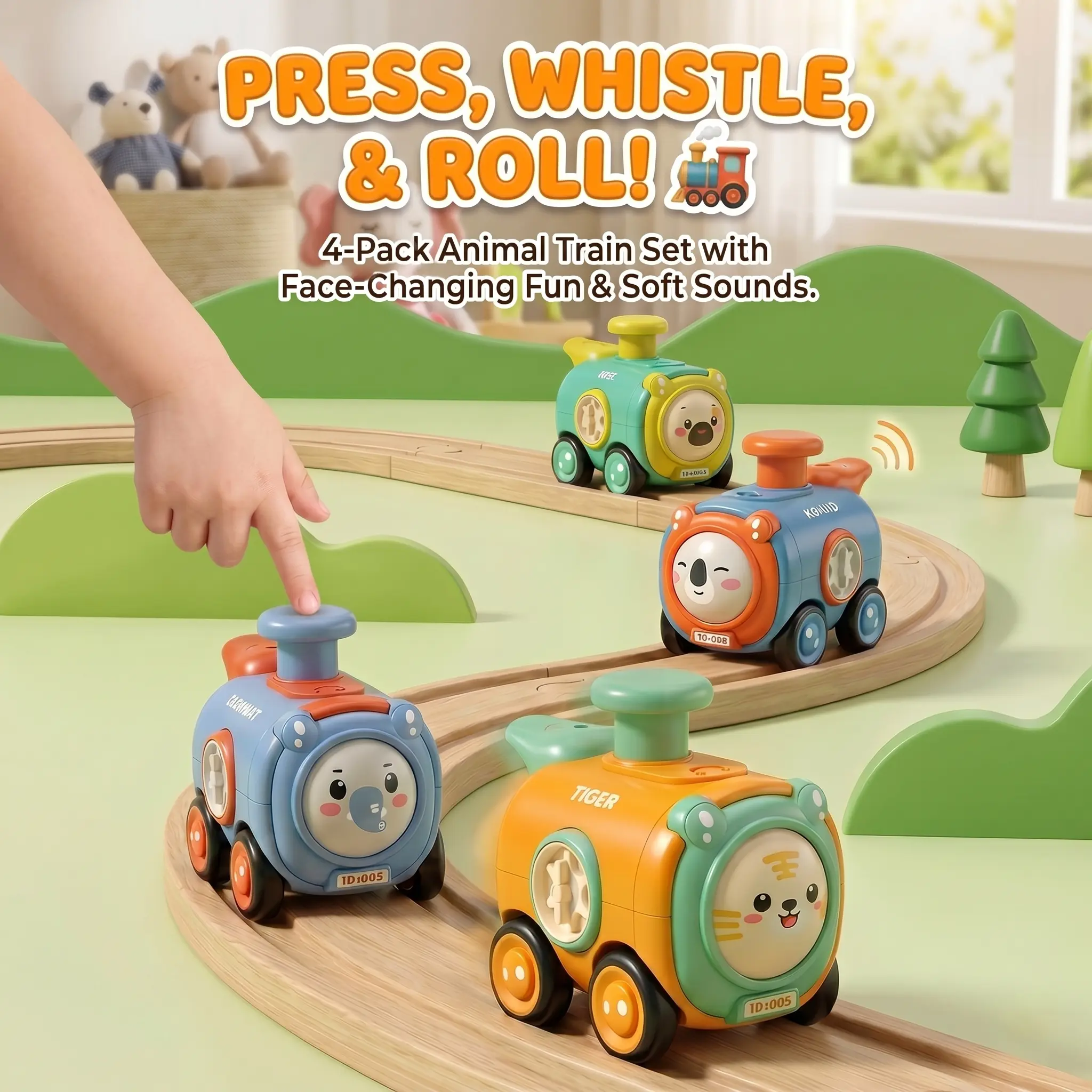4-Pack Press & Go Animal Train Toys for Toddlers 1-3, Face-Changing Push Cars with Whistle Sound, Durable Drop-Resistant Baby Toys, Perfect Gift for Boys & Girls