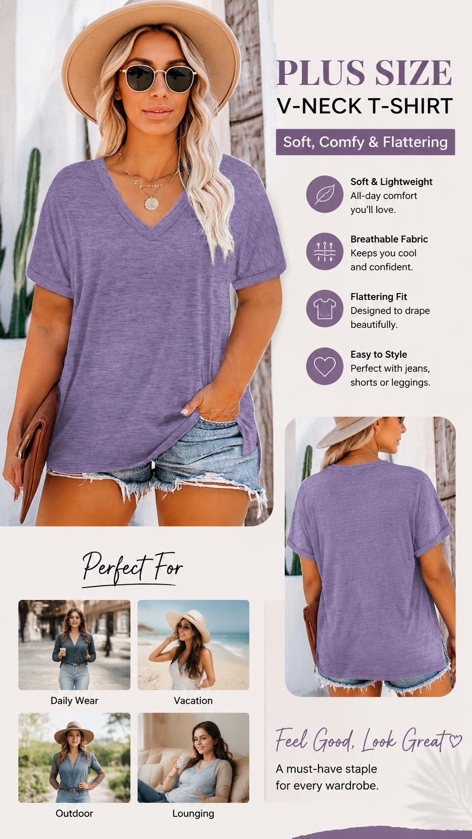 VOGARCE Plus Size V Neck Short Sleeve T-Shirts for Women, Casual Loose Fit Summer Tops, Soft Breathable Basic Tees for Outdoor, Travel & Daily Wear KPS5011 VOGARCE Plus Size V Neck Short Sleeve T-Shirts for Women, Casual Loose Fit Summer Tops, Soft Breathable Basic Tees for Outdoor, Travel & Daily Wear KPS5011