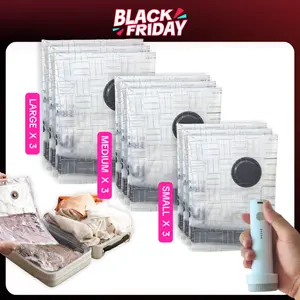 Cordless Travel Vacuum Bag Set 9 Pack in 3 Sizes Compression Bags for Carry-On Suitcases 140L/Min USB Rechargeable Handheld Pump with Built-In Battery Space Saver for Clothes & Packing Travel Vacuum Bag