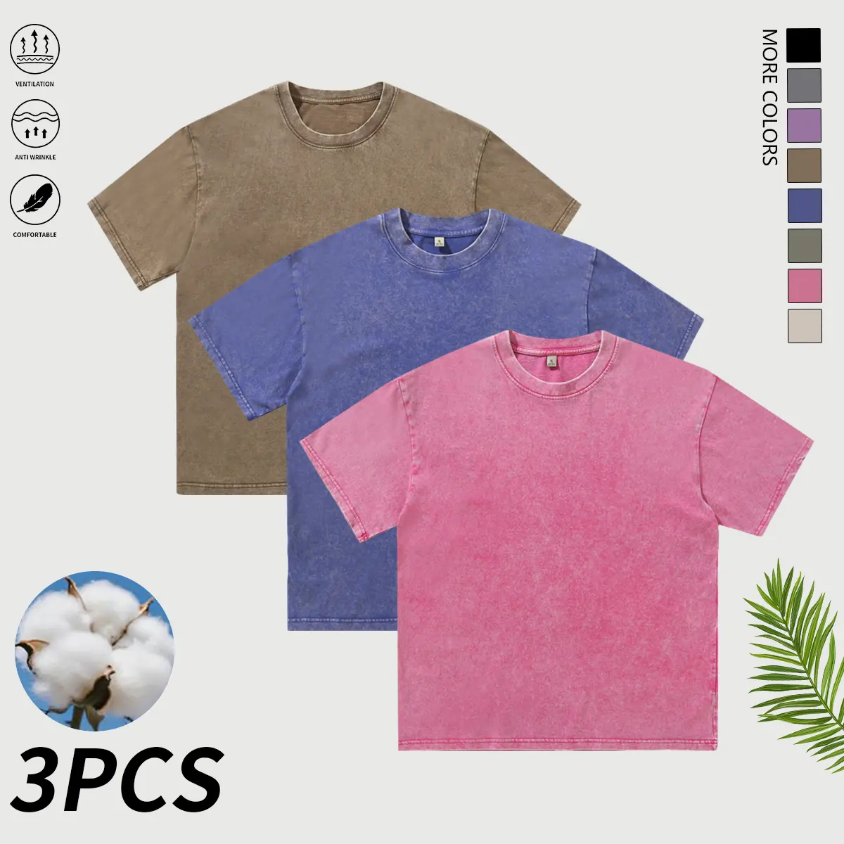 Set of 3 men’s pure cotton washed short-sleeve T-shirts, classic solid color design, simple and elegant—suitable for everyday casual wear, fitness training, outings, and parties. Men’s short-sleeve summer clothing; Father’s Day gift. SummerWins, SummerVib
