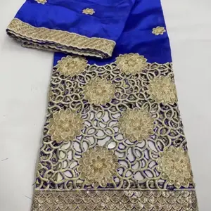 George High Quality African Embroidery Lace Fabric - per Yard in Blue and Gold Design with Floral Patterns