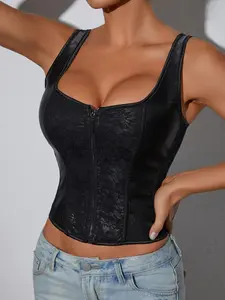 Jacquard Zipper Waist Cincher Top, Court Corset Belted Chest Binder Back Tie Tight-Fitting Vest, Outerwear Ribbed Bustier Shirt