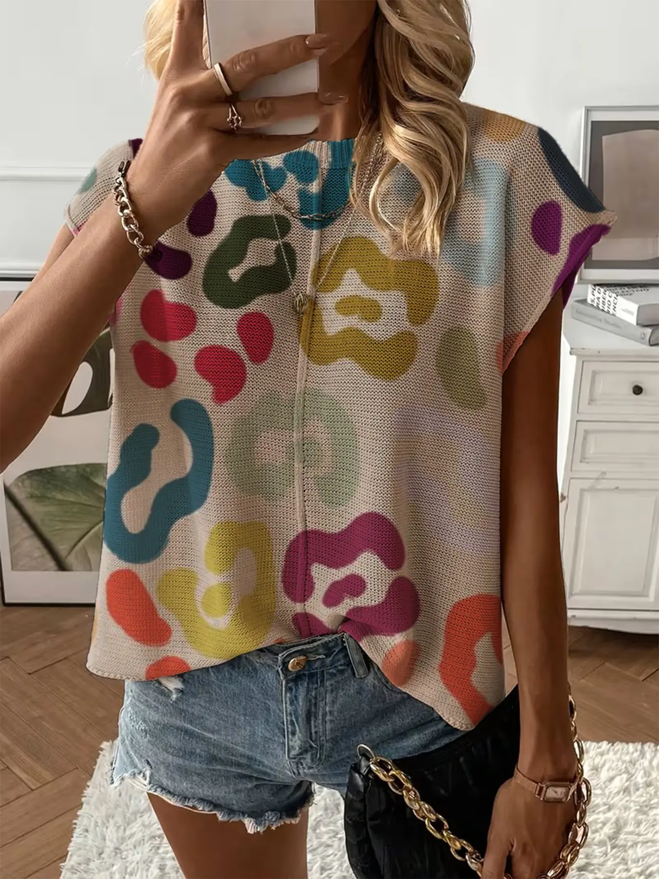 Spring-Summer Women's Leopard Print Knit Top, Round-Neck Shoulder-Pad Loose Fit Design, Casual Elegant Commuter Wear, Bikini Cover-Up Womenswear