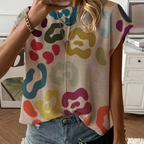 Spring-Summer Women's Leopard Print Knit Top, Round-Neck Shoulder-Pad Loose Fit Design, Casual Elegant Commuter Wear, Bikini Cover-Up, Cover Up Shirt