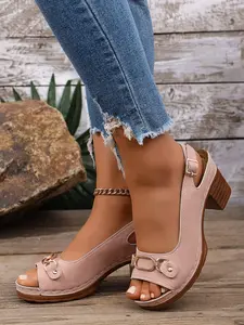 Women's Summer Retro Chunky Heel Fish Mouth Sandals, Peep Toe Sandals, Comfortable Thick Sole Slip-On Shoes, Casual & Versatile Open Toe Footwear