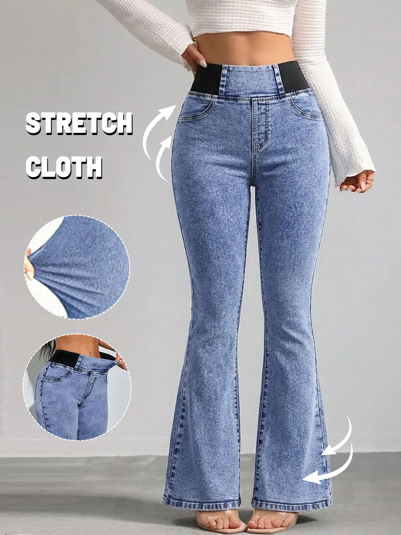 Women's High-Waisted Stretch Denim Jeans, Streetwear Basic Everyday Flare Pants - Pull-On Trouser with Black Elastic Waistband, No Zipper, Curve-Fitting, Easy On/Off