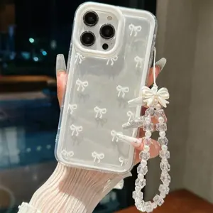 Butterfly Pattern Phone Case with Beaded Lanyard, Decorative Phone Protector Cover, Phone Cover Casing, Phone Accessories Compatible with iPhone 15 Pro Max 16 14 13