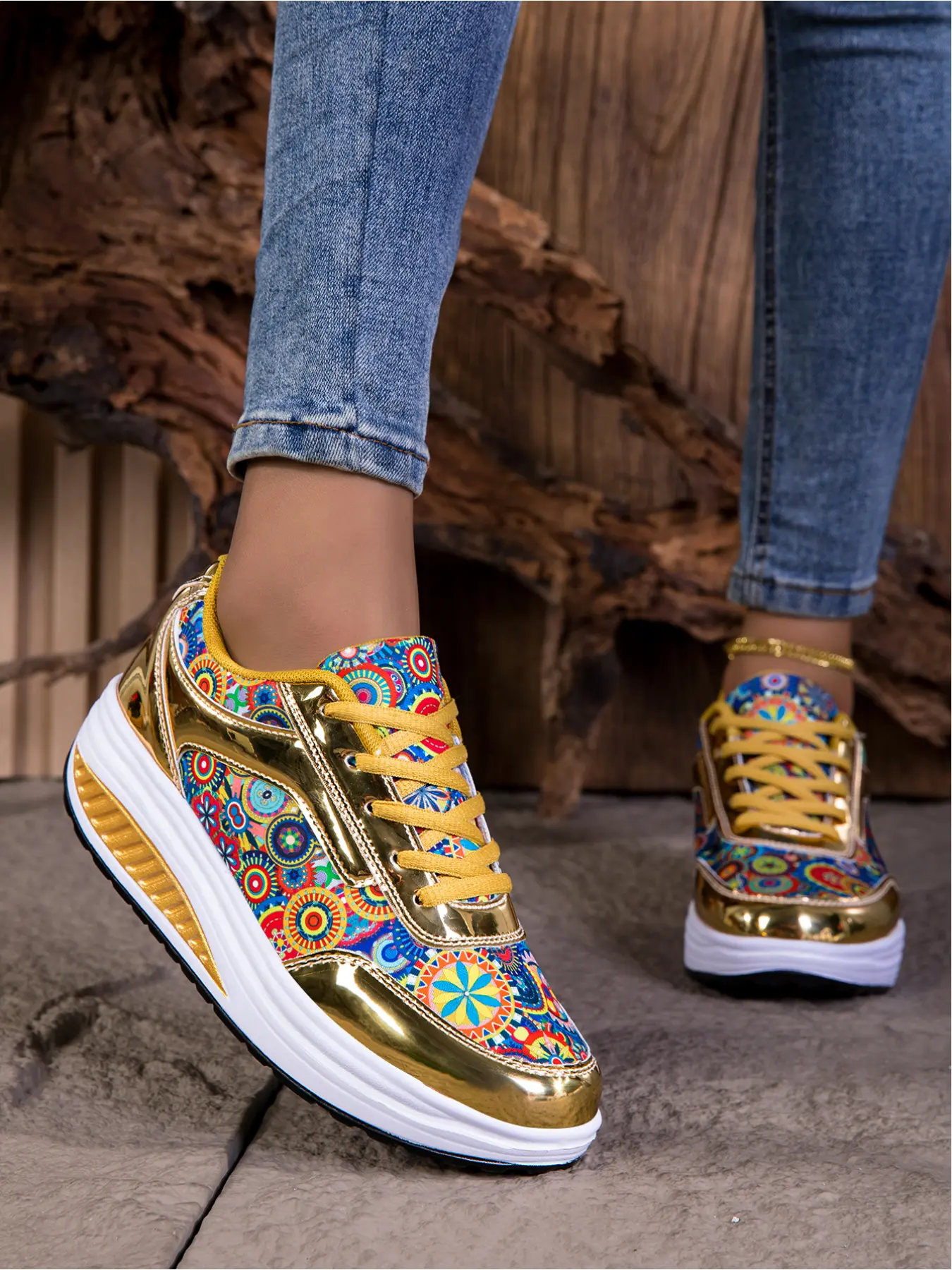Stylish Women's Sneakers - Gilded Ethnic Print Thick-Sole Walking Shoes, Thick Soled Sneakers, Casual Athletic Sports Shoes, Vibrant Pattern & Shiny Finish, Stand Out on the Street, Perfect for Everyday Wear, Trendy Fashion Sneaker, Footwear