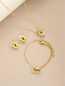 Timeless Roman Numeral Jewelry Gift - 3 Pcs Gold Plated Crystal Interlocking Ring Necklace, Bracelet & Stud Earrings Set for Women Valentine's Day & Birthday Gift