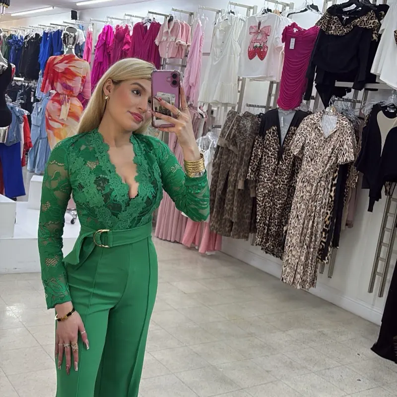 Green Lace Jumpsuit with Gold Belt Buckle - Women's Womenswear, Comfortable Fit, 90% Nylon, 10% Spandex, 100% Polyester - Overalls, Rompers