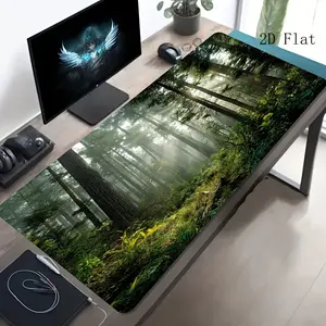 Free Express High Quality A Large E-Sports Gaming Mouse Pad Featuring A Pattern Of Morning Mist And Sunlight Filtering Through The Trees, Equipped With A Non-Slip, Washable Rubber Base. It Is A Large-Sized Desk And Office Desk Accessory, Serving As A Comp