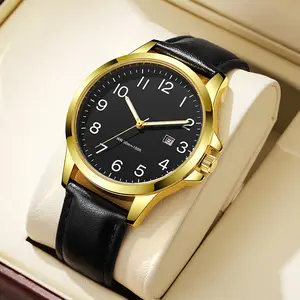 Men's watch with black leather strap - classic casual waterproof men's wristwatch with easy-to-read calendar function