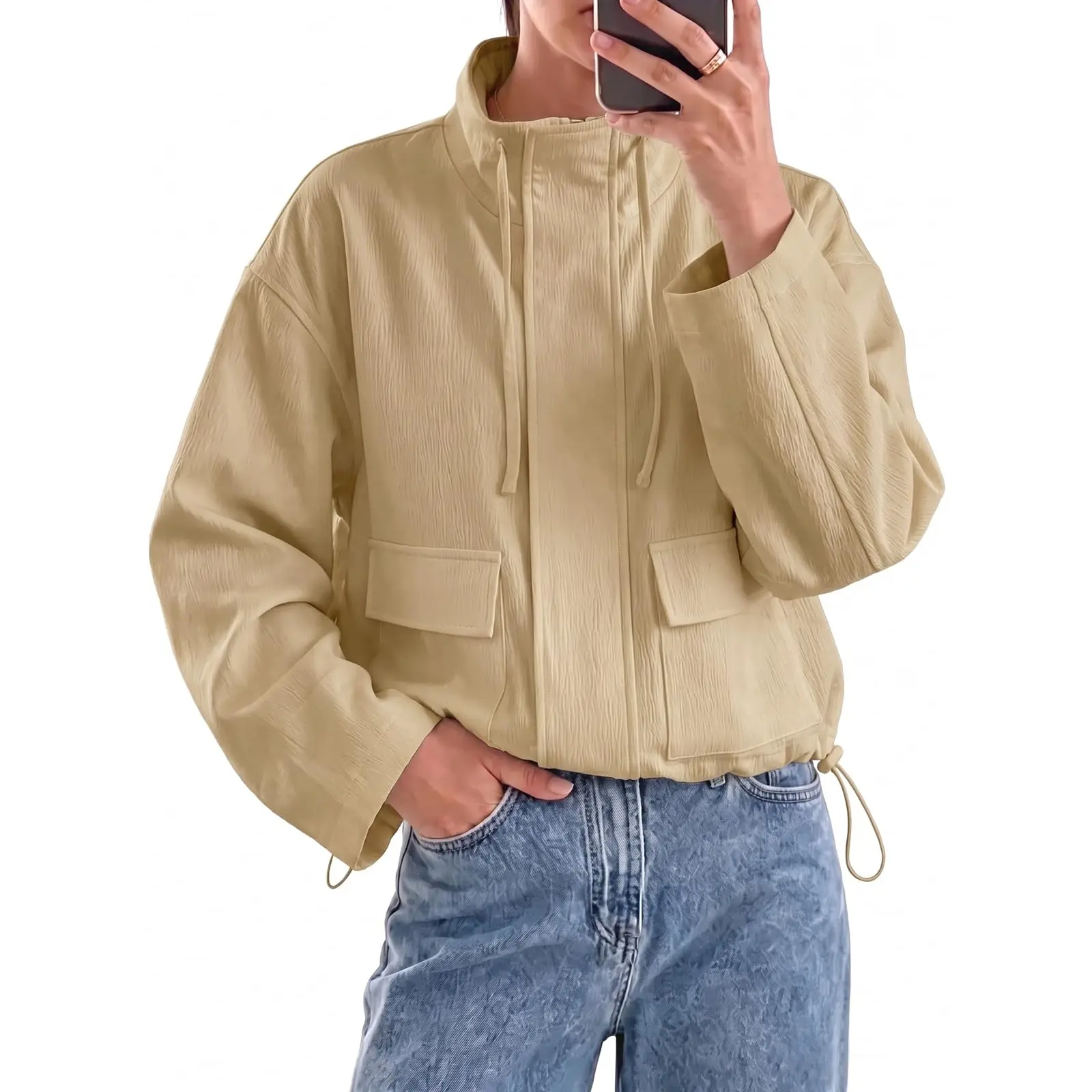 Fisoew Women Stand Collar Drawstring Cropped Jacket Oversized Long Sleeve Flap Pocket Casual Utility Cargo Short Coat