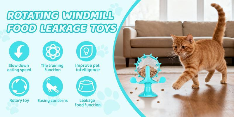 【Deals】Cat Food Leakage Toy, Windmill Treat Dispensing Interactive Puzzle for Kitten Puppy Slow Feeding with Suction Cup – Durable Pet Enrichment Activity Game Blue