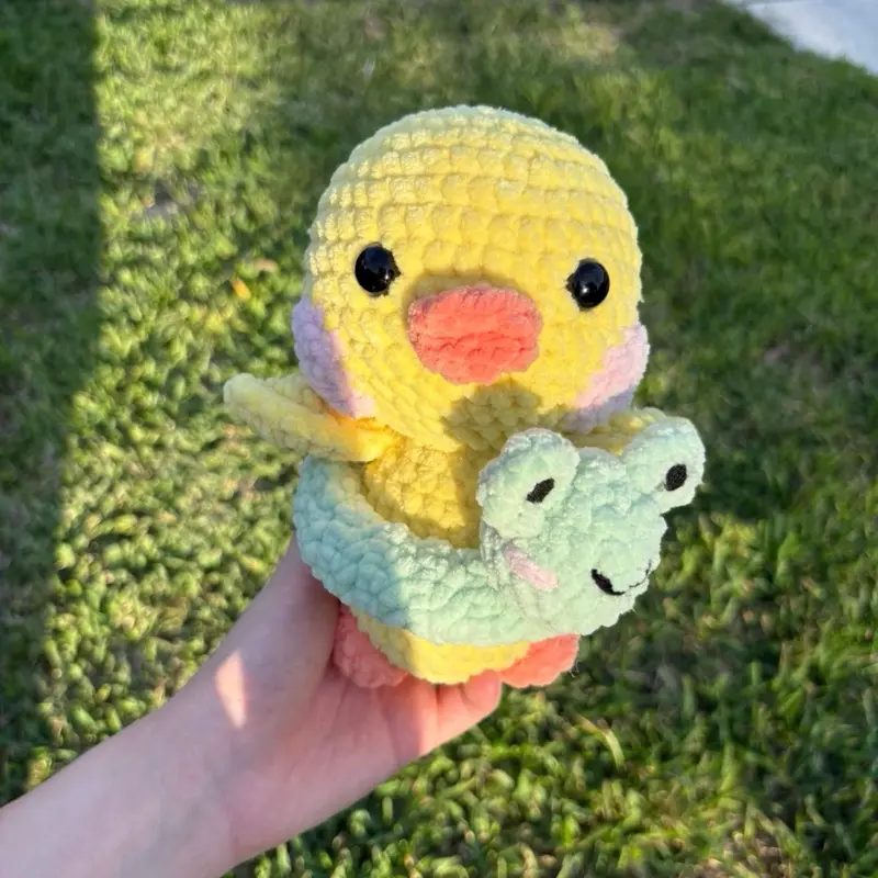 Handmade Cute Crochet Duck Plushie with a Frog Float, Kawaii Collectible Handmade Gift, Handmade Gifts