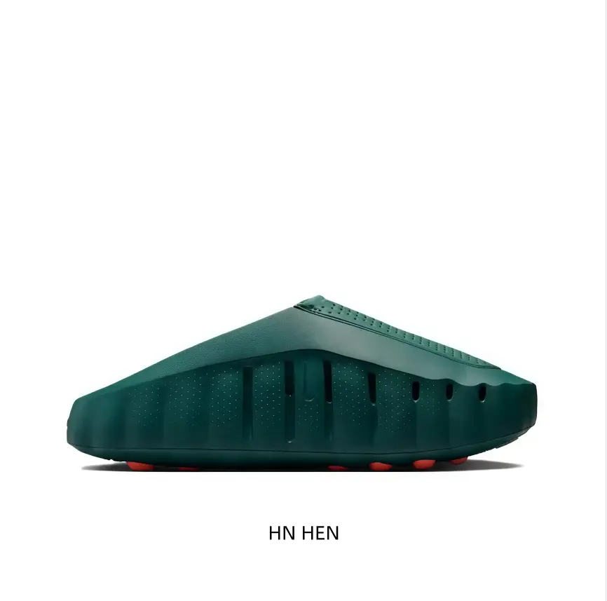 Unisex Deep Green Hollow-Out Mule Slide Slippers, Multi-Vent Hole Upper, Red Stud Accent, Non-Slip Outsole, Soft EVA Lightweight Footwear for Beach & Home Use
