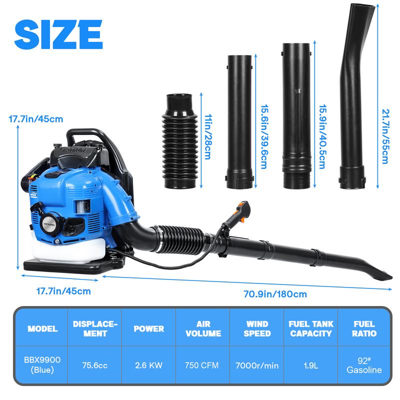 Snow Blower 75.6CC Gas Powered Backpack Leaf Blower 4-Stroke for Lawn Care Yard Dust Debris Blue Ergonomic Design with 1.9L Fuel Tank