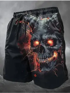 Men's Fitted Graphic Skull Print Menswear Casual Above-Knee Shorts - Polyester Fabric, Drawstring Tie, Distinct Designs, Mature Fashionable Style, Summer Wear
