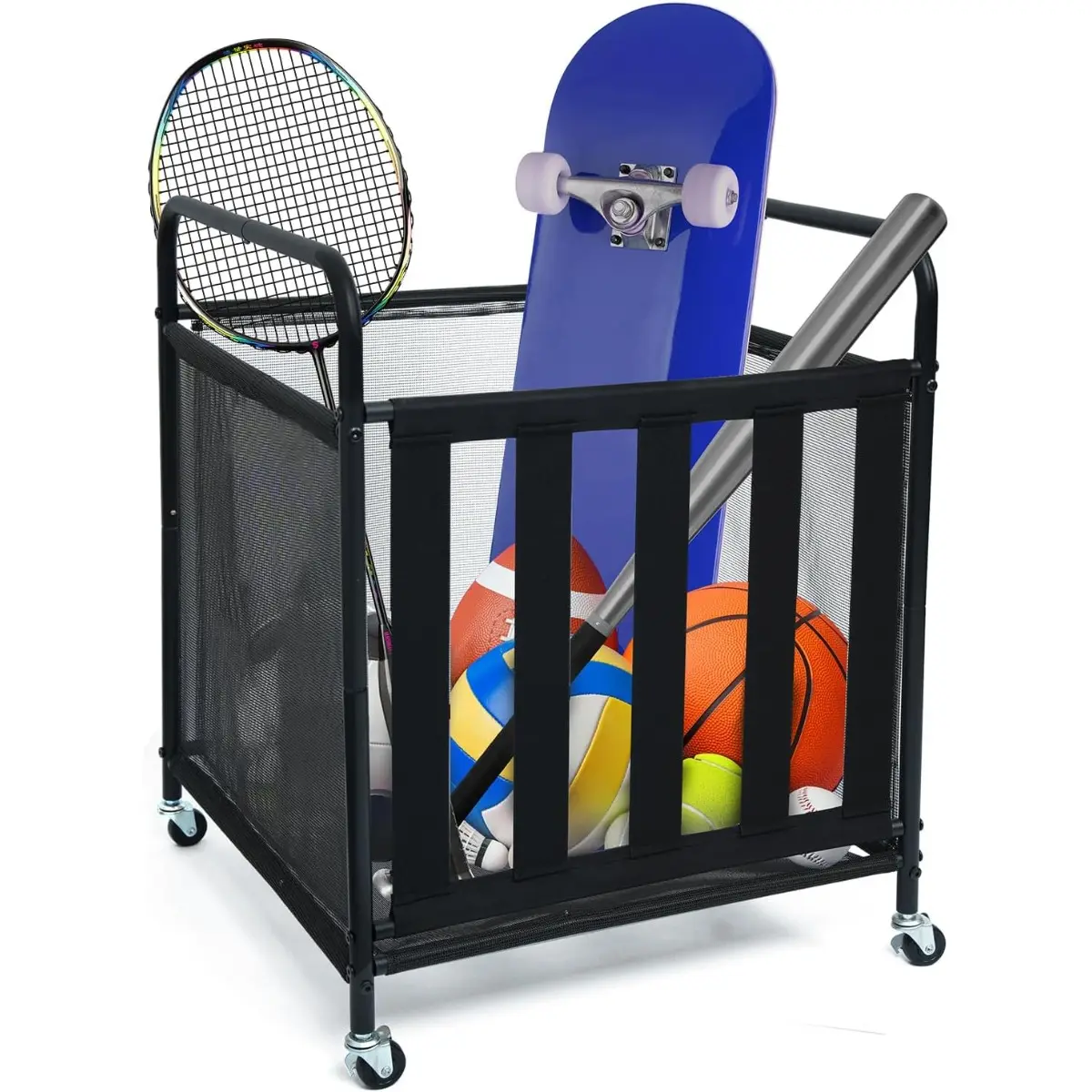 Ball Storage Cart, Sports Equipment Organizer With Wheels, for Storing Volleyball, Basketball, Soccer and Baseball, Lockable Rolling Sports Ball Storage for Garage, Playgroup and Gym