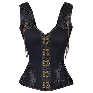 SteampunkCorsetwithStrapsWomenGothicVintageLeatherOverbustBustierTopLace-upSteelBonedCorseletVest