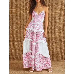 Women Boho Tie Shoulder Maxi Dress Y2k Floral Smocked Long Dress Sleeveless Flowy Summer Beach Sundress Lightweight