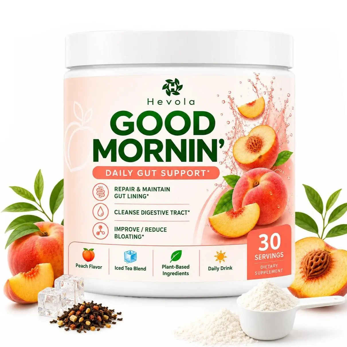 Good Mornin’ Daily Gut Health Support Powder – Peach/Strawberry Flavor, a plant-based digestive formula containing iced tea extract, a healthy daily drink that helps maintain digestive comfort and gut balance. 30 servings per pack.