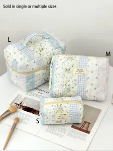 Floral & Blue Plaid Pattern Set, Portable Storage Bag with Zipper, Multifunctional Storage Bag, Makeup Organizer Pouch, Cosmetic Pouches, Cosmetic Bag for Home, Travel, Vacation and School Use