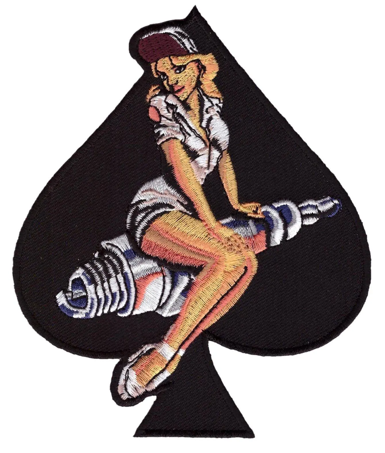 Pin UP Girl Spark Plug Spade 5.0 Inch Iron On MC Biker Patch