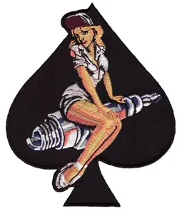 Pin UP Girl Spark Plug Spade 5.0 Inch Iron On MC Biker Patch