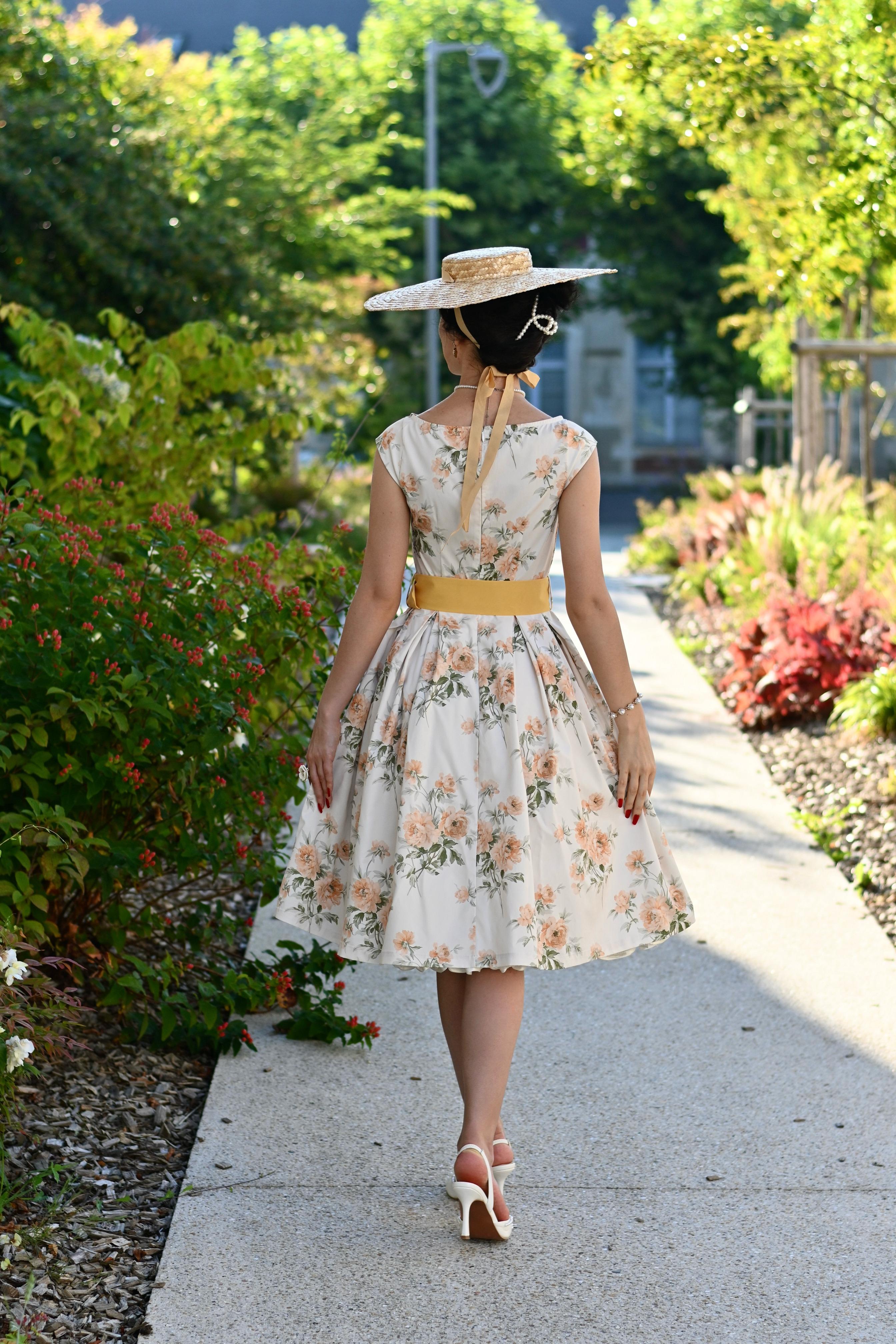 Yellow 1950s Boat Neck Antique Floral Dress Spring Vacation Womenswear Fitted Casual Sleeveless