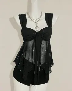 Shiny Fabric Asymmetrical Mesh Hem Women's Camisole Black Sparkly Top,Black Tops