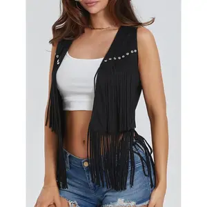 Women Hippie Waistcoat Vest Lightweight Solid Color Open Front Sleeveless Jacket with Tassel for Streetwear Outerwear Faux Suede Tassel Vest Fashion Rivets Fringe Waistcoat Open Front