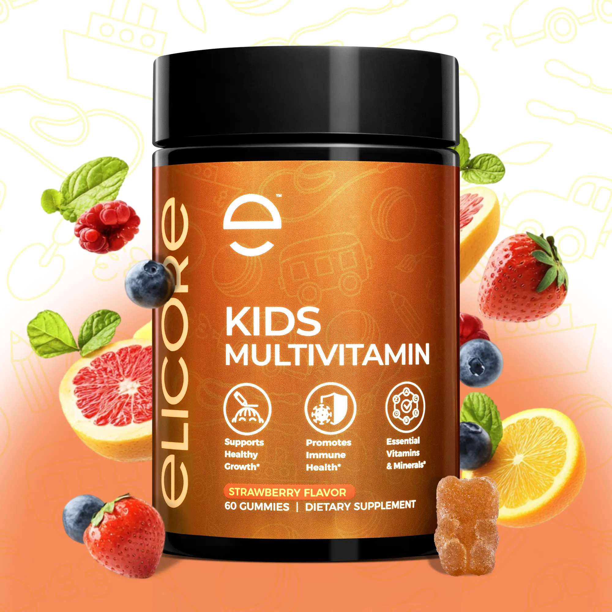 ELICORE Kids Multivitamin Gummies - Immune Support, Growth, Focus & Attention Supplements - Chewable Vitamins A, C, D, E, B6, B12, Zinc for Children 4+, Gluten-Free, Non-GMO, 60 Count