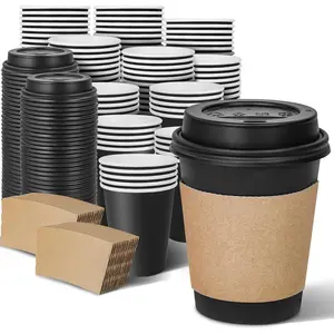 8 oz (100 Pack) Disposable Paper Coffee Cups with Lids and Sleeves, Heat-Resistant Leak-Proof Black To Go Paper Cups for Hot Coffee, Cocoa,  and Espresso